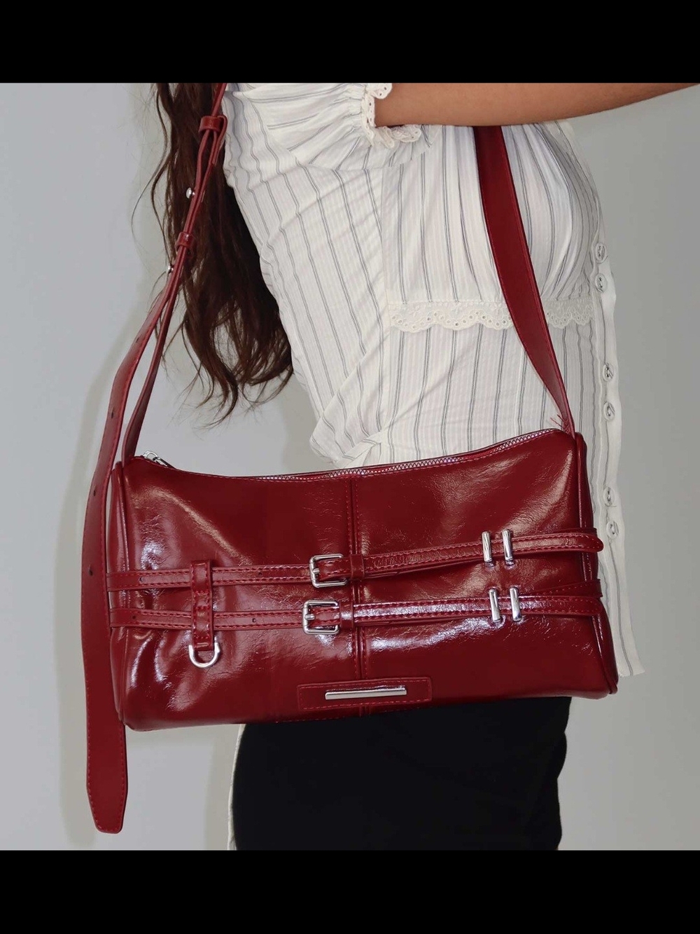 Princess Poly Red Burgundy Faux Leather Shoulder Bag w/Silver Buckle  Hardware